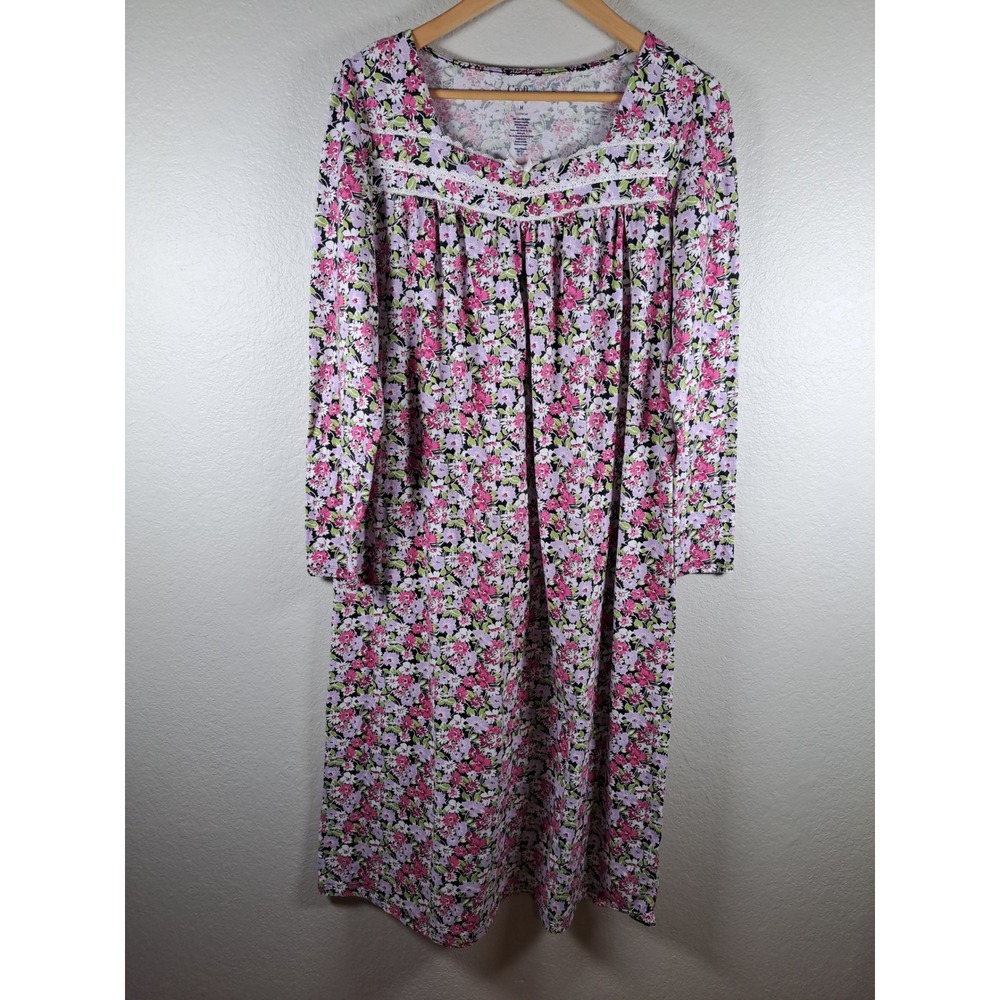Croft & Barrow Womens Pink Purple Floral Lace Trim Long Sleeve Nightgown M